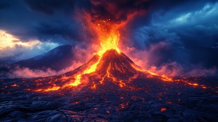 Volcanic eruption, fiery lava flow