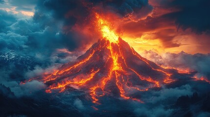 Volcanic eruption, fiery mountain