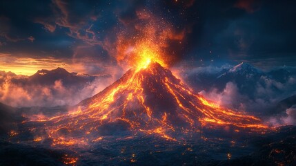 Erupting volcano at sunset, fiery lava flows down the mountain