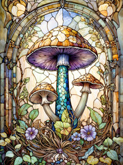 Iridescent Mushroom Mosaic: Stained glass mushrooms emanate vivid allure, fusing intricate design elements with bold radiance.