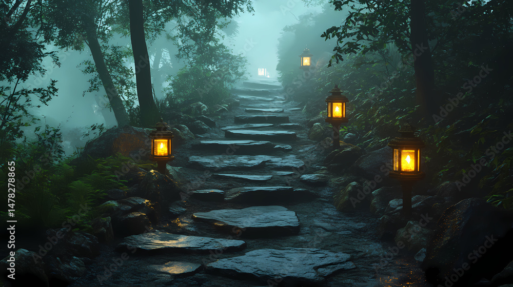 Aufkleber pathway through the misty woods: a stone pathway winds its way through a mystical forest, with glowi