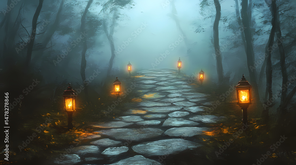 Aufkleber enchanted path: a mystical path leads through a fog-shrouded forest, lined with glowing lanterns tha