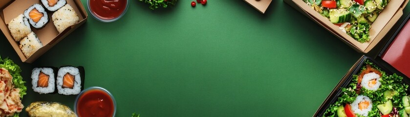 A vibrant overhead shot of takeout food, including sushi and salads