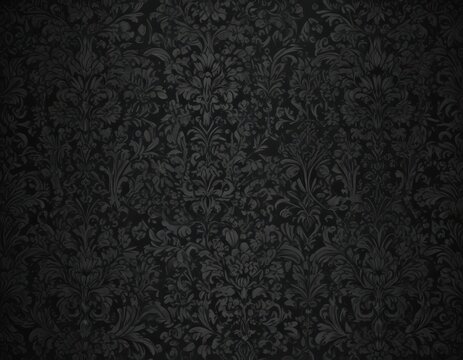 Intricate black floral damask pattern on dark background, luxury, abstract, black and dark