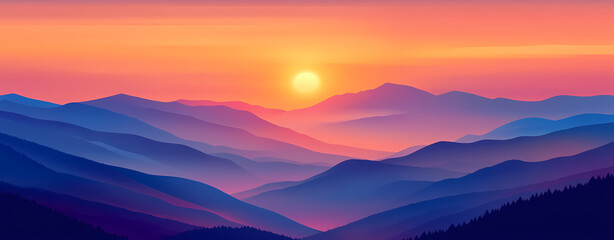 Obraz premium Majestic Sunset over Mountains: The sun dips below the horizon, casting a warm, vibrant glow over layers of majestic mountains, creating a breathtaking landscape. Capturing nature's splendor