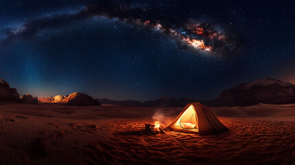 Camping Under the Stars: Captivating view of a cozy tent bathed in warm light beneath a mesmerizing night sky, showcasing the beauty of camping and the Milky Way.