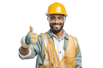 PNG Smiling african male construction worker giving thumbs up in safety gear