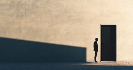 A silhouette figure stands before a closed door