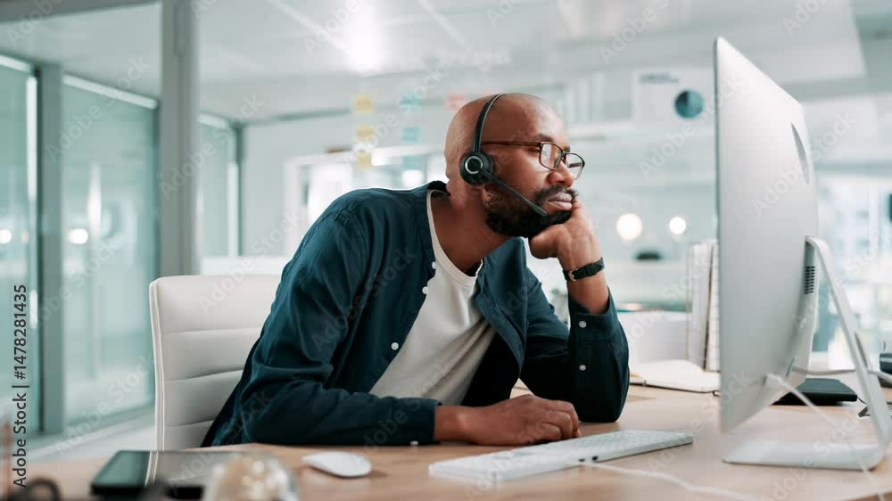 Aufkleber call center, thinking and black man in office bored for customer service, online help and crm suppor