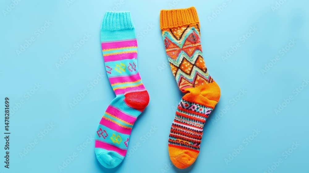 Poster a fun pair of mismatched socks rests on a soft light blue backdrop, adding a touch of whimsy to your