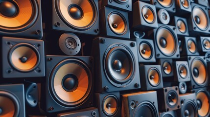 Vibrant sound speakers illuminate a dark backdrop, setting the stage for a captivating musical experience.