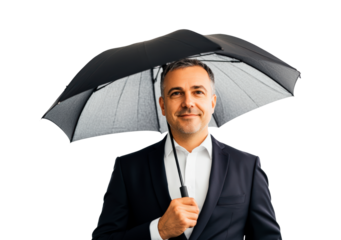 Man holding a black umbrella isolated on transparent background