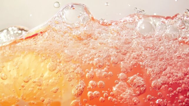 Close-up of effervescent bubbles and fluid, creating a dynamic and refreshing drink scene