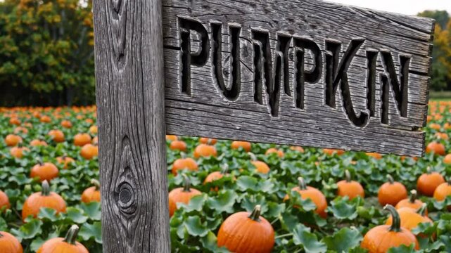Rustic pumpkin patch sign overlooking vibrant harvest field with autumn vibes