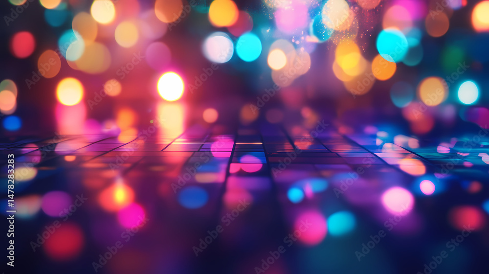 Poster chromatic symphony: a vibrant tapestry of bokeh lights dance across a textured surface, illuminating