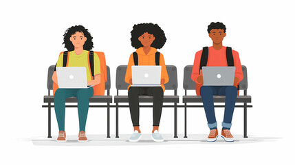 Digital Scholars: Three college students, immersed in their studies, sit in a row, each engrossed in their laptops, symbolizing the focus and dedication of modern education.