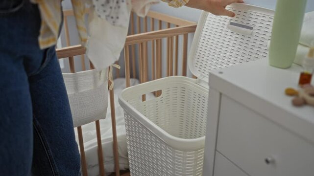 Woman organizing laundry in a home setting with a crib, showcasing domestic chores in a cozy indoor environment, emphasizing cleanliness and household care.