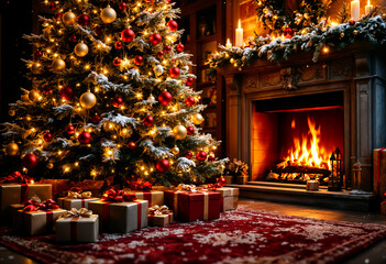 christmas tree in front of fireplace