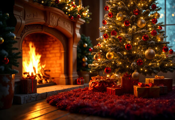 christmas tree in front of fireplace