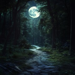 A mystical forest scene under the light of a full moon, with a winding stone path leading into the distance. The trees create a canopy overhead.