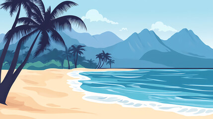 Tropical Serenity: A coastal paradise with lush palm trees, gentle waves, and majestic mountains. A perfect depiction of an exotic getaway
