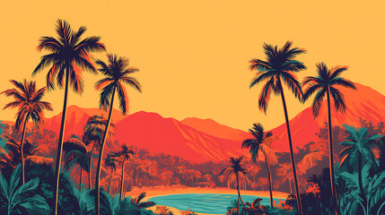 Obraz premium Tropical Paradise: An artistic illustration captures a vibrant tropical landscape with silhouetted palm trees against a sunset backdrop, inviting viewers to a tranquil scene of natural beauty.