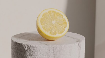 Lemon half standing upright with exposed segments and fine surface detail on white