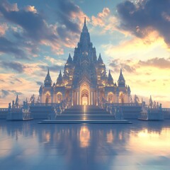 Naklejka premium A Majestic temple reflecting light under the cloudy sky. The image depicts the grand architecture of a temple during sunset or sunrise. The image evoke a sense of peace and serenity