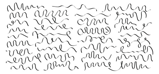 Abstract doodle hand drawn set of black vector curly ribbons, swashes, calligraphy lines. Flourish wavy swirls, elegant strokes for graphic design, frame and underline border decoration