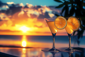 Cocktail toast in Sunset: Capturing the essence of tropical luxury, this shot unveils two elegant martini glasses, garnished with citrus, poised against a breathtaking sunset.