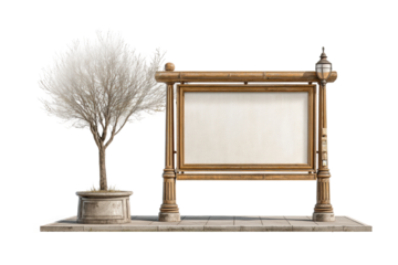 PNG Vintage wooden billboard next to bare tree in urban setting