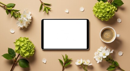 Tablet with Flower and Coffee Mockup on Beige Background