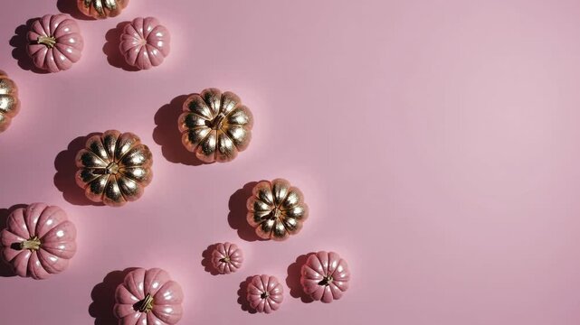 Elegant pink and gold pumpkins rolling on vibrant pastel background