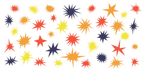 Hand drawn vector set of abstract colorful shine star shapes. Bright red, yellow geometric vector sparkles and stars elements for graphic design, pattern, greeting cards, banner decoration, sticker