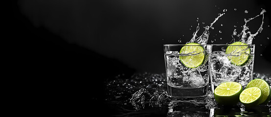 Sparkling refreshment: Two glasses filled with clear liquid and limes create a stunning visual of refreshment and taste. the image is set against a black background.