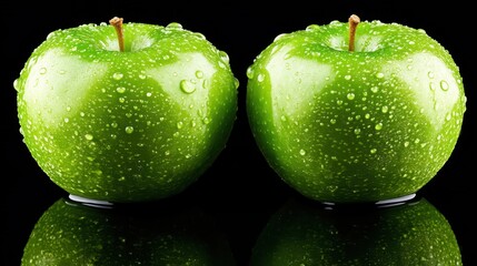 Wet apple on a reflective dark surface, creating a subtle mirrored image beneath the fresh fruit