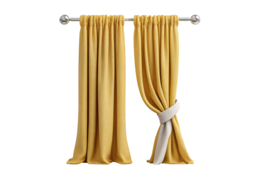 PNG Elegant yellow curtains on silver rod with white tieback for home decor