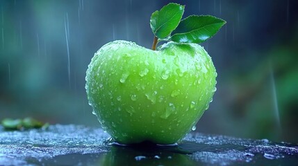 Wet green apple with crisp skin set on a dark kitchen counter under ambient light