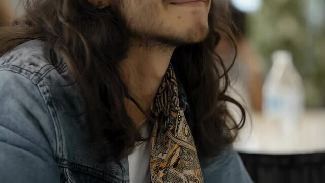 Portrait of a young adult man with long brown hair, facial hair, wearing a denim jacket and patterned shirt looking off into the distance.
