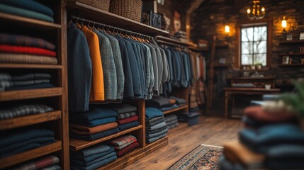 Warm, rustic clothing store with wooden displays