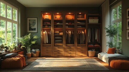 Cozy, well-lit walk-in closet. Sunlight streams through large windows.  Warm, earthy tones