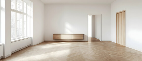 Empty Modern Living Room With Light Wood Tv Stand And Large Windows