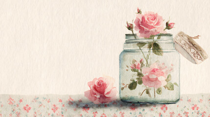 Vintage Pink Roses Jar Floral Arrangement Decorative Display Rustic Table Botanical Beauty Nature Interior Charm Soft Delicate Pastel Colors Freshness Seasonal Artistic Craft Warmth Style