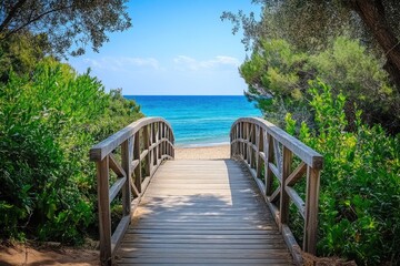 Fototapeta premium Tranquil wooden bridge leads to a serene beach