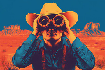 Cowboy’s Vantage: A stoic cowboy, adorned in a classic hat and suspenders, directs his gaze through binoculars towards the desert landscape, a testament to the spirit of exploration and adventure.