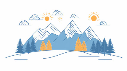 Mountain Sunrise: A minimalist line art illustration depicting a majestic mountain range, featuring snow-capped peaks, evergreen trees, and radiant suns.