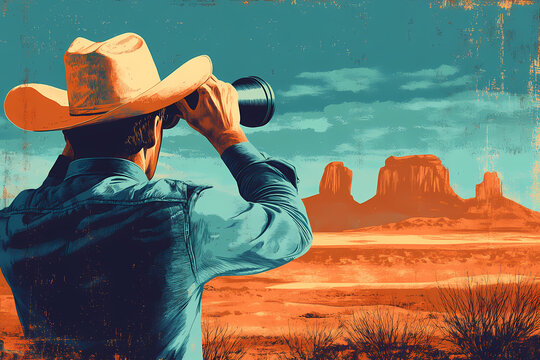 Westward Vision: A lone cowboy, hat casting a shadow, gazes through binoculars at the vast, open landscape of the American West, conjuring dreams of adventure. 