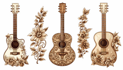 Harmonious Instruments: A collection of artistically designed guitars, adorned with floral elements, presenting a fusion of music and nature in a stylized illustration.
