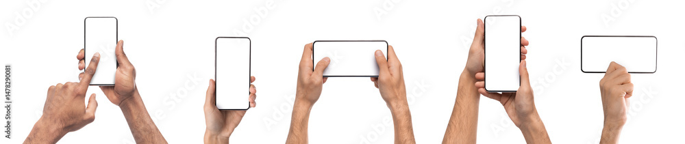 Poster device demonstration. collection of male hands holding mobile phone with empty screen in different o