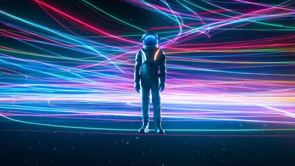 Single figure in spacesuit surrounded by dynamic streaks of glowing blue, pink, and orange lights across a cosmic backdrop. - Powered by Adobe